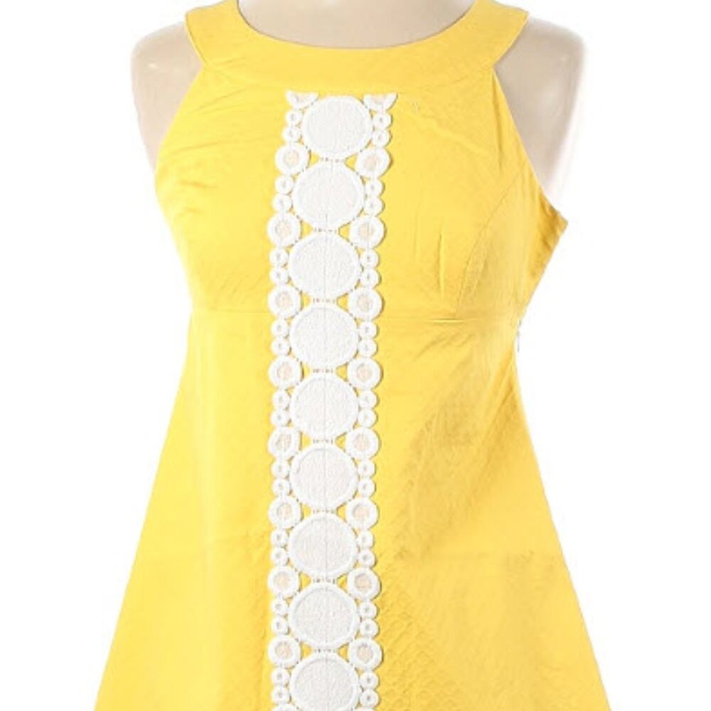NWT- Lilly Pulitzer - Yellow and White Textured Fabric Dress w/Embroidery Size 0